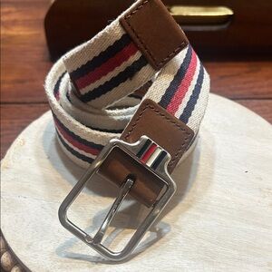 Striped Canvas Belt with Brown Leather Trim - Navy/Red/White